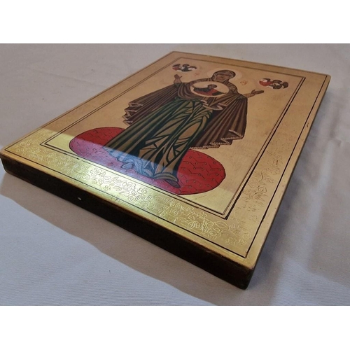 155 - Decorative Hand Painted Icon on Board with Patterned Gold Tone Border (Approx. 23.5 x 34cm)