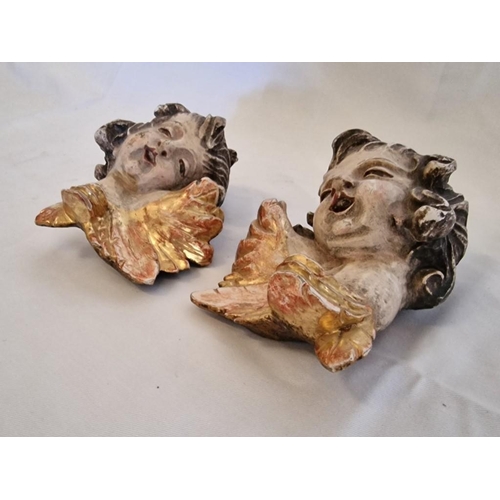 168 - Opposing Pair of Antique Hand Carved Wall Hanging Angels / Cherubs Figures, (Approx. H: 14cm), (2)