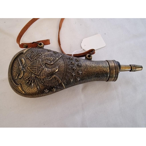 169 - Reproduction American Civil War Style Brass Gun / Black Powder Flask with Leather Strap