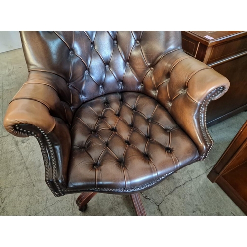 293 - Vintage Brown Leather Button Back Swivel Chair, with Studded Detail to Scroll Arms, Wooden Base with... 