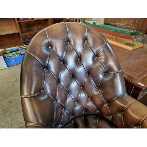 293 - Vintage Brown Leather Button Back Swivel Chair, with Studded Detail to Scroll Arms, Wooden Base with... 