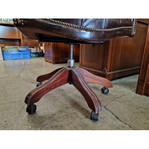 293 - Vintage Brown Leather Button Back Swivel Chair, with Studded Detail to Scroll Arms, Wooden Base with... 