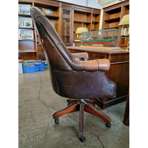 293 - Vintage Brown Leather Button Back Swivel Chair, with Studded Detail to Scroll Arms, Wooden Base with... 