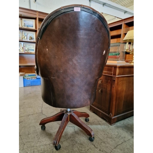 293 - Vintage Brown Leather Button Back Swivel Chair, with Studded Detail to Scroll Arms, Wooden Base with... 