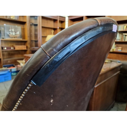 293 - Vintage Brown Leather Button Back Swivel Chair, with Studded Detail to Scroll Arms, Wooden Base with... 