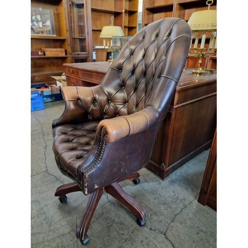 293 - Vintage Brown Leather Button Back Swivel Chair, with Studded Detail to Scroll Arms, Wooden Base with... 