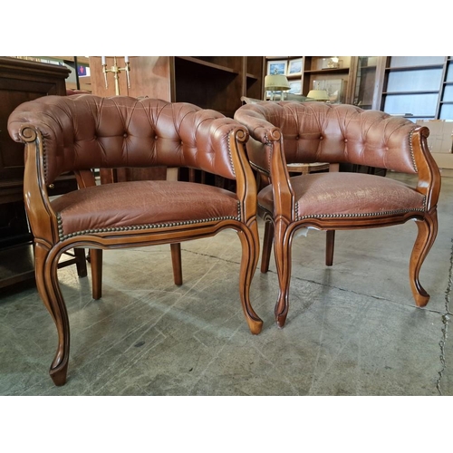 297 - Pair of Armchairs with Brown Leather Seat, Button Back & Studded Back Rest, with Wooden Scroll Arms ... 