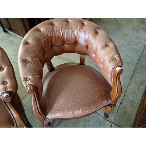 297 - Pair of Armchairs with Brown Leather Seat, Button Back & Studded Back Rest, with Wooden Scroll Arms ... 