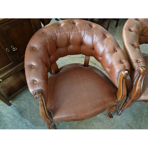 297 - Pair of Armchairs with Brown Leather Seat, Button Back & Studded Back Rest, with Wooden Scroll Arms ... 