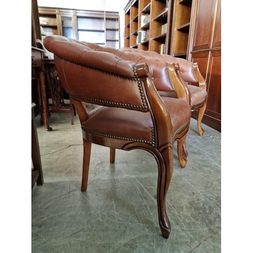 297 - Pair of Armchairs with Brown Leather Seat, Button Back & Studded Back Rest, with Wooden Scroll Arms ... 