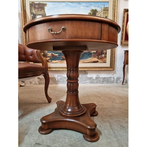 308 - Classical Style Round Pedestal Table with Inlaid Top, 2-Drawers with Metal Handles, Turned Leg with ... 