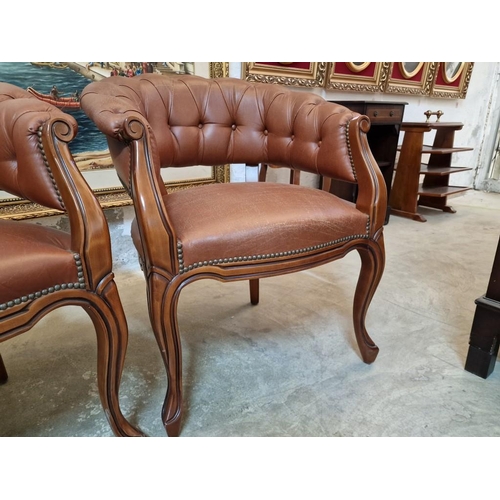 309 - Pair of Armchairs with Brown Leather Seat, Button Back & Studded Back Rest, with Wooden Scroll Arms ... 