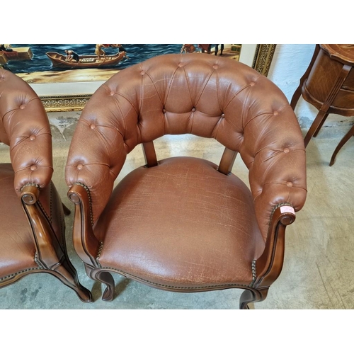 309 - Pair of Armchairs with Brown Leather Seat, Button Back & Studded Back Rest, with Wooden Scroll Arms ... 