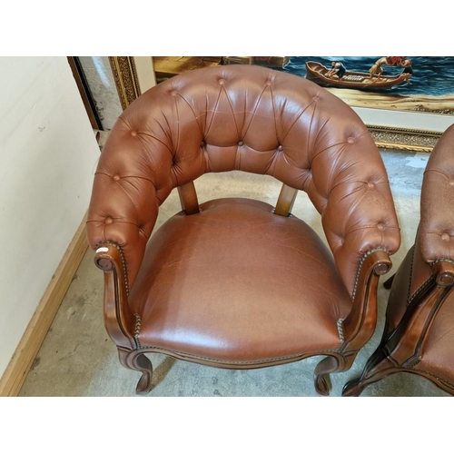 309 - Pair of Armchairs with Brown Leather Seat, Button Back & Studded Back Rest, with Wooden Scroll Arms ... 