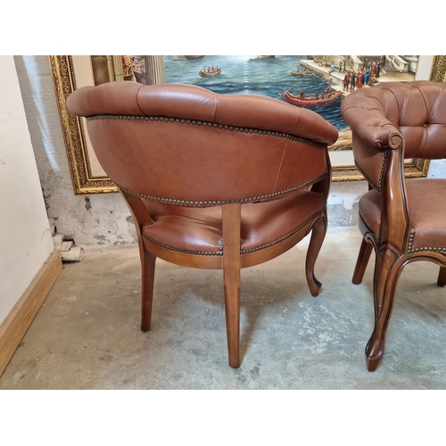 309 - Pair of Armchairs with Brown Leather Seat, Button Back & Studded Back Rest, with Wooden Scroll Arms ... 