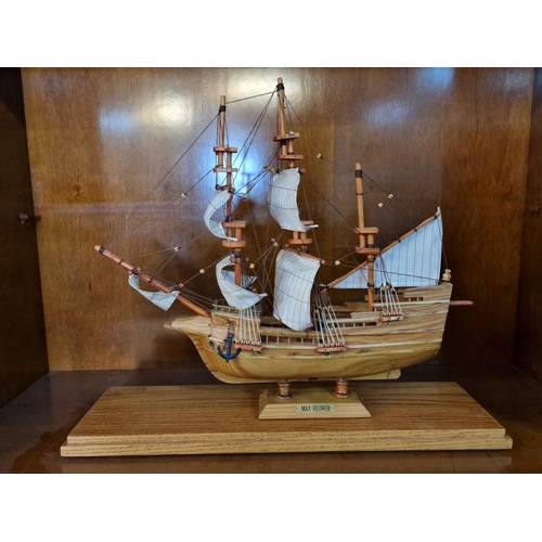 95 - Impressive Wooden Model of the Mayflower Sailing Ship, on Wooden Base Under Thick Glass Case, (Appro... 