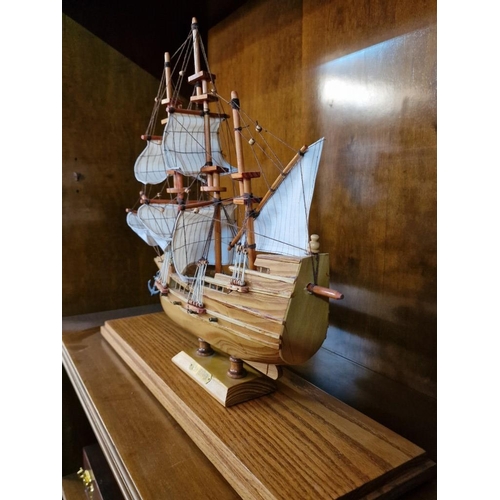 95 - Impressive Wooden Model of the Mayflower Sailing Ship, on Wooden Base Under Thick Glass Case, (Appro... 