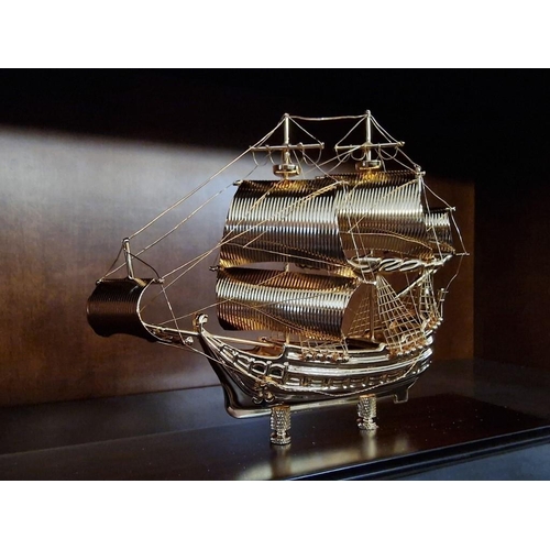 97 - Gold Plated Model of Sailing Ship on Base in Plastic Display Case, (Approx. 31 x 12 x 21cm)