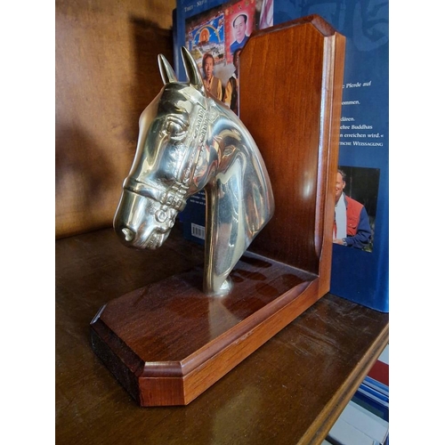 429a - Pair of Solid Wood Book Ends with Brass Horses Head, (2)