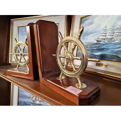 434 - Pair of Solid Wood Book Ends with Brass Ships Wheels, (2)