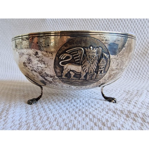 64 - Large Round Silver Bowl on 3-Claw Feet and Greek Symbols / Patterns (Approx. Ø: 19cm x H: 9cm, Weigh... 