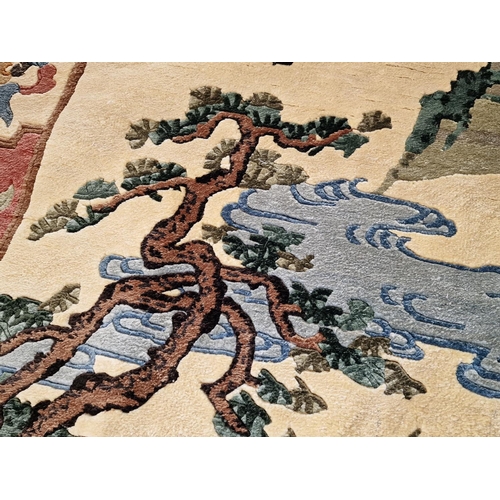 82 - 'Pine & Crane' Shanghai Rug / Carpet, Hand Made Silk Pile with Oriental Mountain Design, Decorative ... 