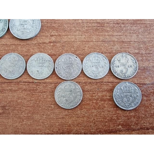 138 - Collection of Antique Silver (.925) British Coins; Sixpence 1913 & 1915, Three Pence 1908, 1912 (2),... 