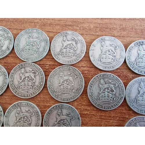 144 - Collection of Antique Silver (.925) British One Shilling Coins, Approx. 40 Pieces, Dated Pre-1919, (... 