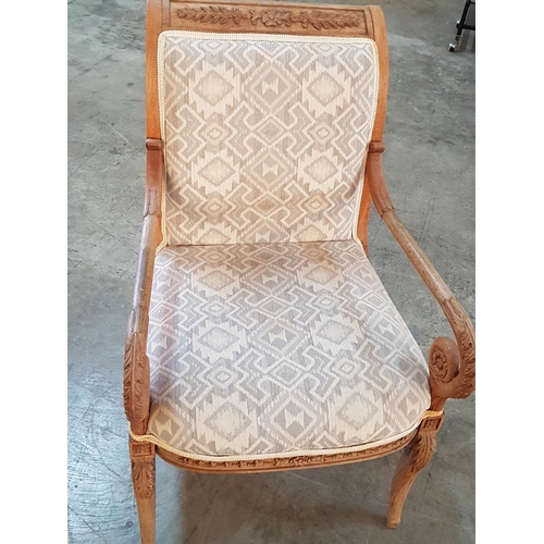 202 - Cream Pattern Seat and Back Rest, Wooden Chair with Carved Arms