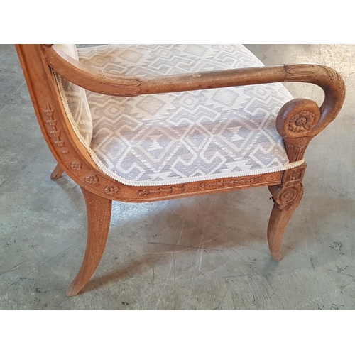 202 - Cream Pattern Seat and Back Rest, Wooden Chair with Carved Arms