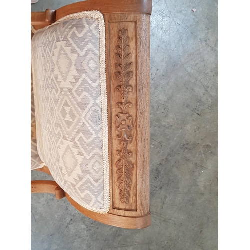 202 - Cream Pattern Seat and Back Rest, Wooden Chair with Carved Arms