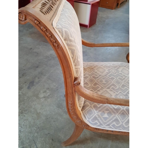 202 - Cream Pattern Seat and Back Rest, Wooden Chair with Carved Arms