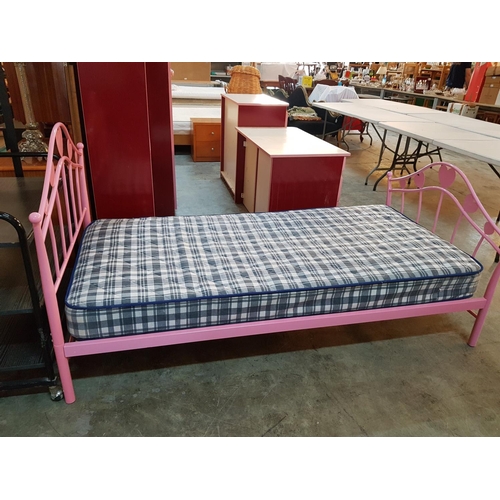 245 - Pink Metal Frame Single Bed with Mattress (Mattress;192 x 90cm & Bed 198 x 98cm)