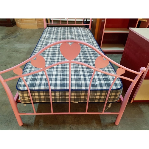 245 - Pink Metal Frame Single Bed with Mattress (Mattress;192 x 90cm & Bed 198 x 98cm)