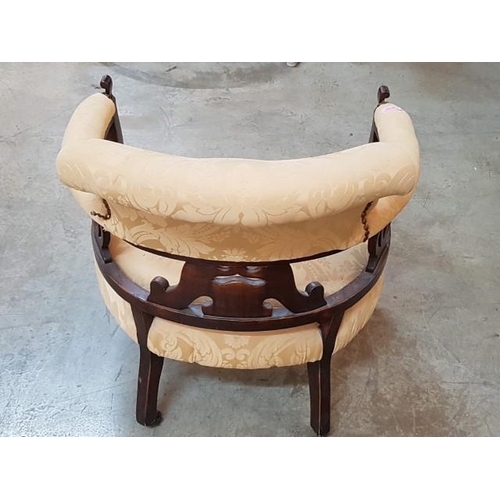 250 - Victorian Nursing Tub Chair, Carved Back with Beige Fabric Upholstery on Casters