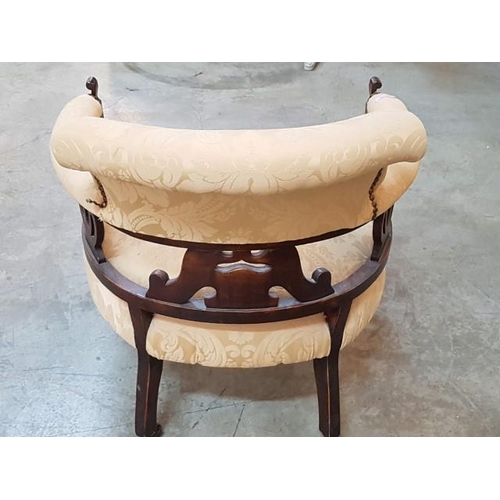 250 - Victorian Nursing Tub Chair, Carved Back with Beige Fabric Upholstery on Casters