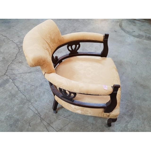 250 - Victorian Nursing Tub Chair, Carved Back with Beige Fabric Upholstery on Casters