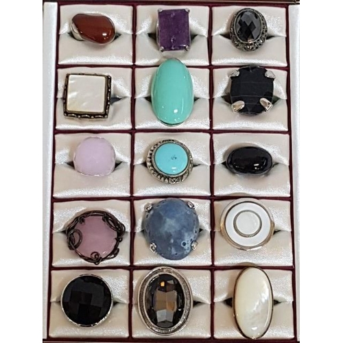 362 - Large Collection of Fashionable Rings (Some Are Silver) with Stones in Display Case