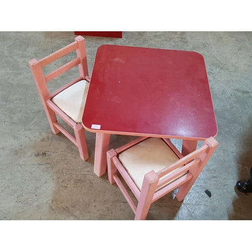 373 - Small Pink / Red Garden Children Table with 2 - Matching Little Chairs (Wood)