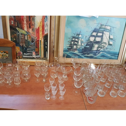 393 - Large Collection of Drinking Glasses with Glass Jug and 2 x Dessert Dishes