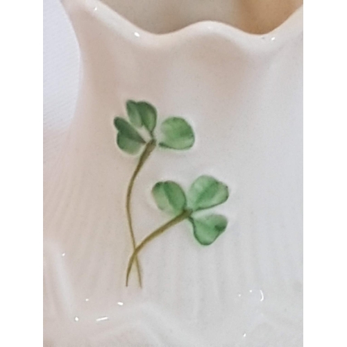 165 - Belleek Irish Porcelain Vases (H:18cm and H:10cm) with Traditional Clover Pattern