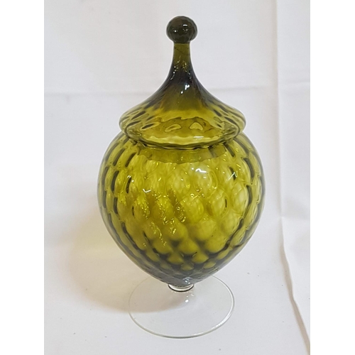 215 - Olive Green Glass Urn / Bowl / Barrell with Lid (H;30cm x Ø15cm) and Matching Vase (H:25.5cm)