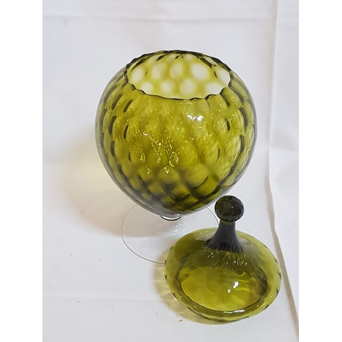 215 - Olive Green Glass Urn / Bowl / Barrell with Lid (H;30cm x Ø15cm) and Matching Vase (H:25.5cm)