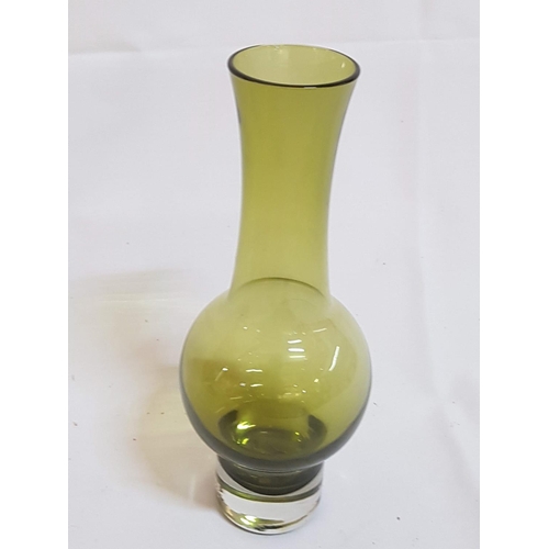 215 - Olive Green Glass Urn / Bowl / Barrell with Lid (H;30cm x Ø15cm) and Matching Vase (H:25.5cm)