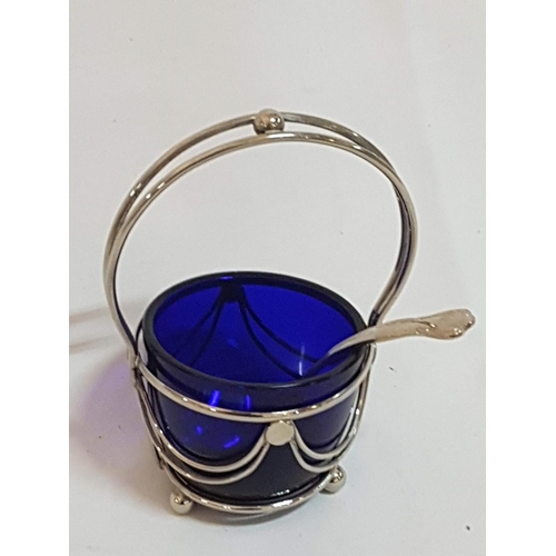 218 - Vintage Style Blue Glass Sugar Bowl / Jam Bowl with Spoon (EPNS, Sheffield)