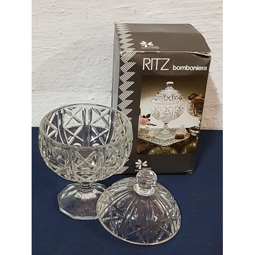 237 - Ritz Bomboniera Cut Glass Bon Bon Bowl on Leg Wild Lid (with Original Box) Together with 3D Crystal ... 