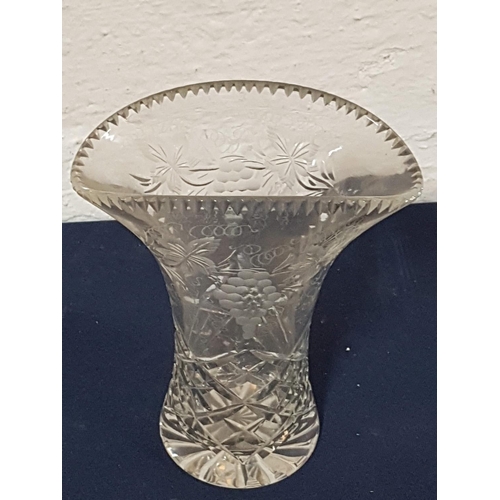 239 - Vintage Crystal Vase Engraved Grape Leaves (H:20.5cm)