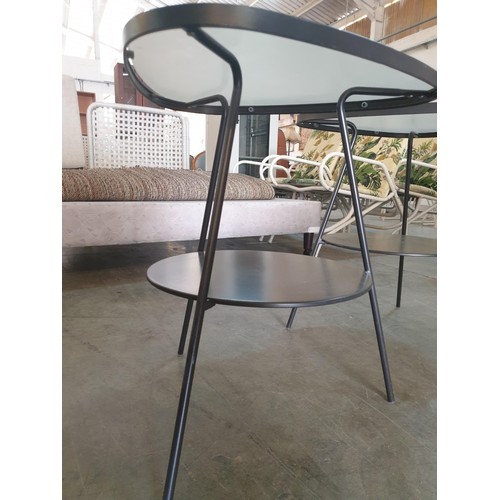 321 - Pair of Black Metal Side Tables with Curved Triangular Frosted Glass Top and Lower Round Metal Shelf... 