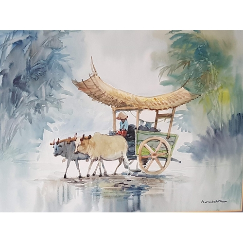 130 - Oriental Countryside Landscape Original Watercolour, Signed by the Artist (53 x 42cm)