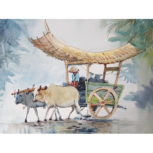 130 - Oriental Countryside Landscape Original Watercolour, Signed by the Artist (53 x 42cm)